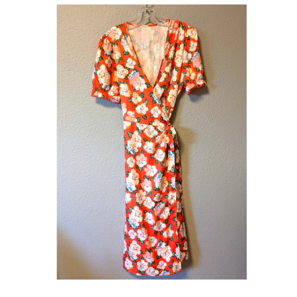 💥SALE💥 Romantic Orange Wrap Dress Floral Fluffy Sleeves Cross V Neck Sz L - Picture 10 of 10